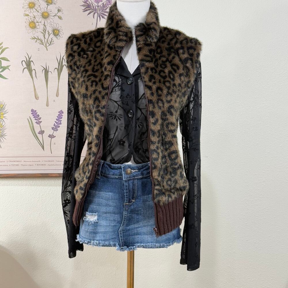 Y2k Faux Fur Leopard Print Full Zip Vest Trashy Gyaru Indie Sleaze Mob Wife XL
